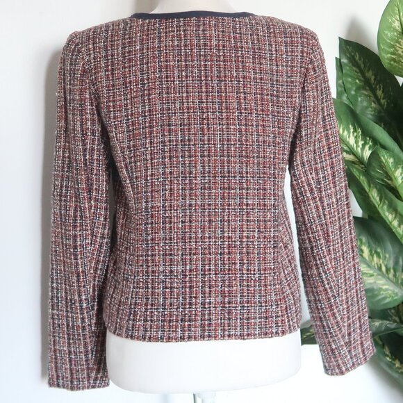Soaked in Luxury Navy & Tan Tweed Blazer Bouclé Cropped Shoulder Pad Jacket Sz 6 - Picture 8 of 16